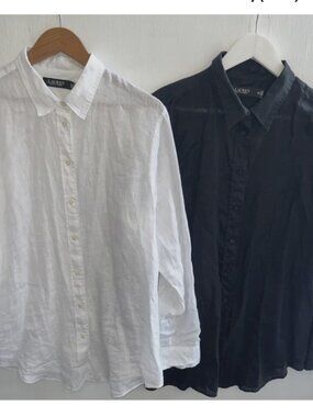 LAUREN RALPH LAUREN Bundle Two Linen Button up Blouses Long Roll Tab Sleeves XL